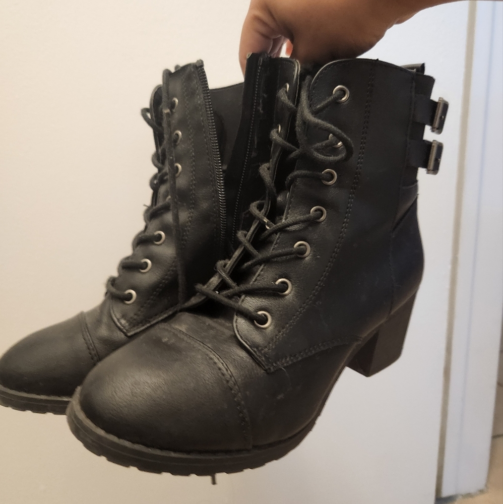 Black buckle heeled boots